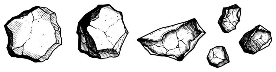 Set of Rubble and Stone Fragments, Vintage Engraving Style Rock Debris Illustration, Hand Drawn Mineral Elements Sketch © JakubVectorSketch
