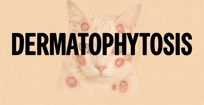Dermatophytosis illustrated, showing the effects of the fungal infection on a cat's skin, with lesions clearly visible and the word DERMATOPHYTOSIS prominently displayed.