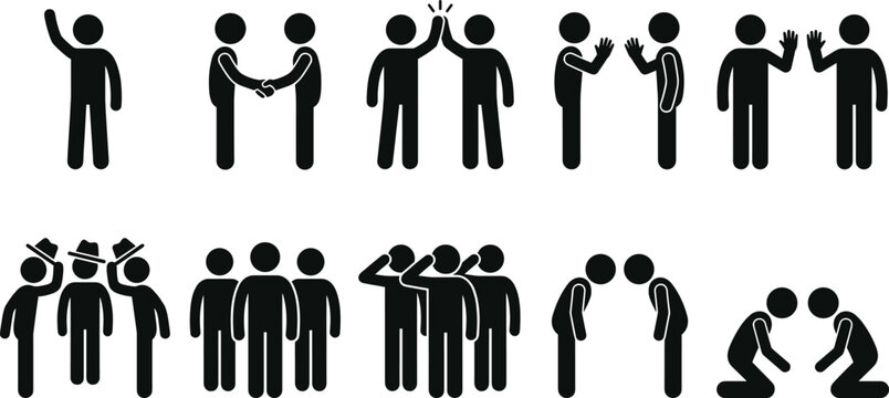 Stick figure pictogram icon set showing human greetings, social etiquette, corporate communication, and respectful body language gestures
