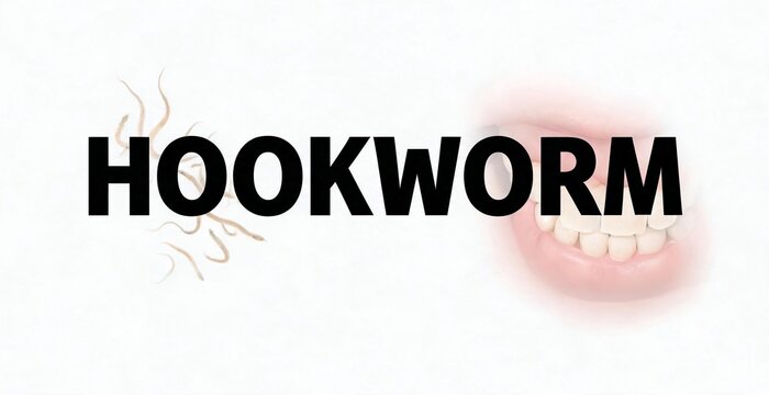 HOOKWORM written on white background with mouth illustration and strands of hair.