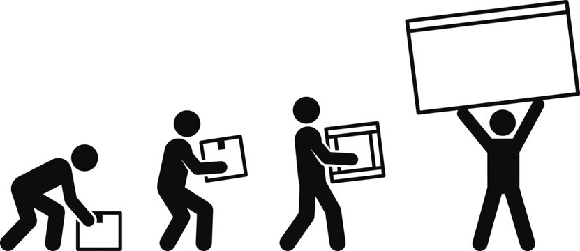 Stick figure pictogram vector icon set showing correct lifting techniques, cargo handling, and heavy parcel delivery steps