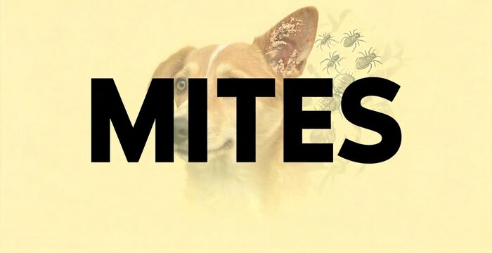Mites infestation on a dog's ear, a close-up view revealing the tiny parasites and the large text MITES.