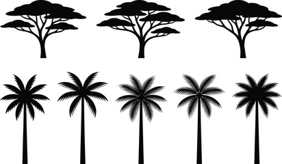 Vector silhouettes of acacia trees and palm trees isolated on a white background for tropical and safari designs © Ariful