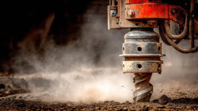 Heavy machinery drilling soil with dust and smoke in construction site