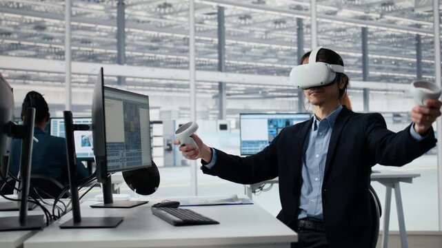Engineer using VR technology to optimize microchip production in factory R&D workspace, tech expert in office using virtual reality headset to improve semiconductor processing efficiency.