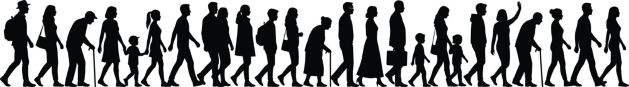 Vector silhouettes of a multigenerational crowd of diverse people walking in a long queue line