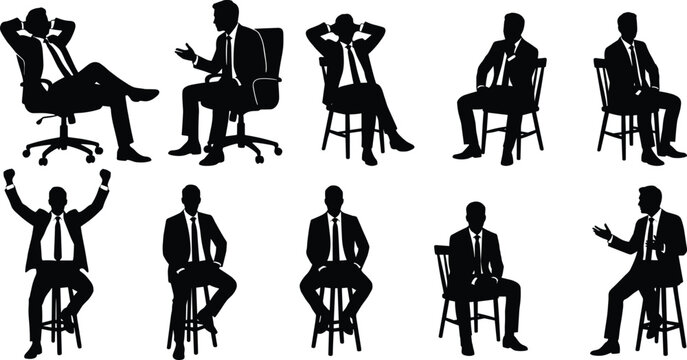 Vector silhouettes of business man sitting on office chairs and bar stools in different poses