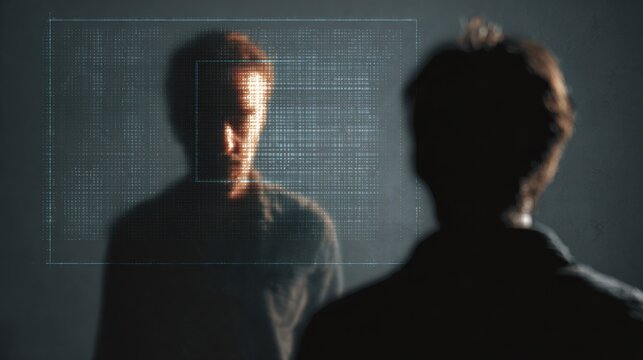 Person Reflecting with Digital Overlay and Abstract Background