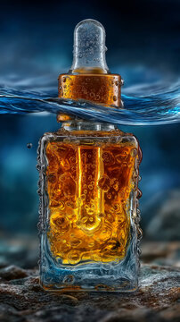 Golden Cosmetic Serum Bottle Submerged in Deep Blue Water on Wet Rocks