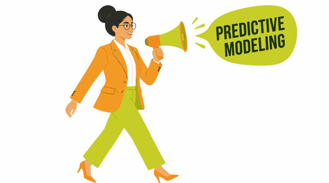Businesswoman using megaphone for predictive modeling announcement.