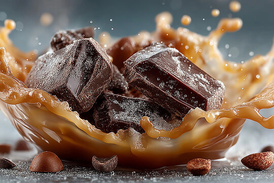 Dynamic splash of dark chocolate chunks into smooth caramel liquid
