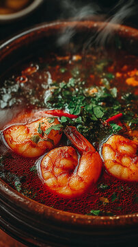 Steaming Hot Shrimp Stew with Fresh Cilantro and Red Chili Broth