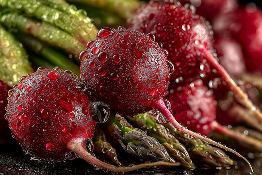 Vibrant Red Radishes and Green Asparagus with Fresh Water Droplets