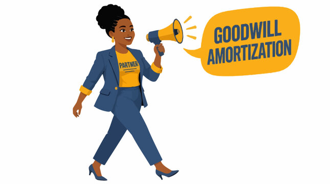 Cheerful woman holding megaphone with goodwill message.
