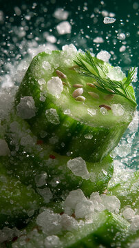 Sliced Cucumber with Coarse Salt Crystals and Fresh Dill Sprig