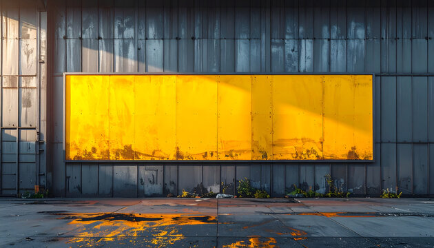 Weathered yellow banner with rust textures hanging on a dark graphite metal wall on a sunny day, with a vibrant orange industrial liquid spill on the concrete floor, urban grunge background.