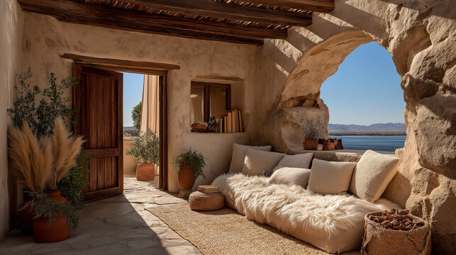 Rustic mediterranean style interior with scenic ocean and mountain views