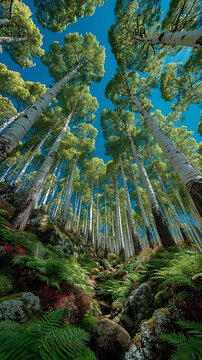 Towering Aspen Trees in Lush Forest Reaching Toward Clear Blue Sky