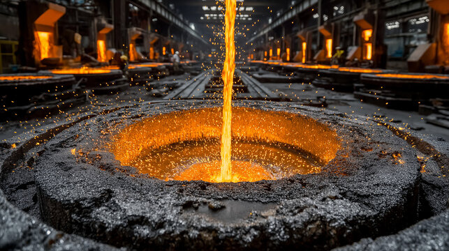 Molten metal pouring into a circular mold at an industrial foundry