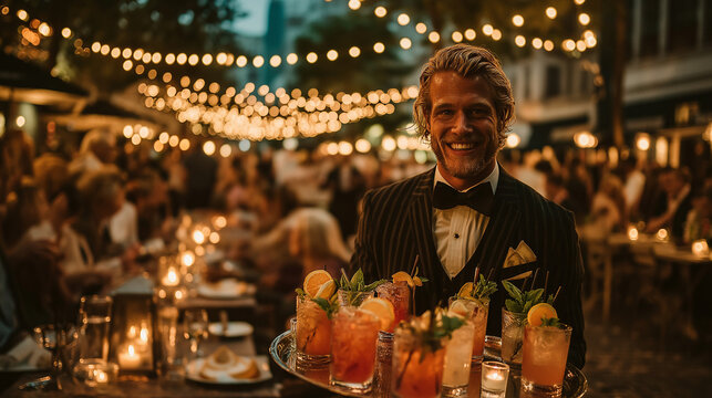 Handsome Waiter Serving Colorful Cocktails at an Elegant Outdoor Evening Party