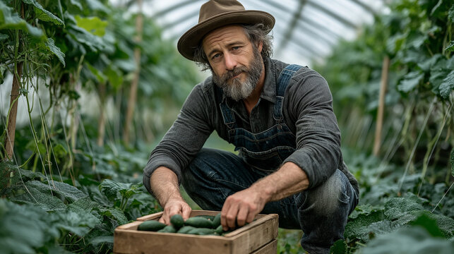 A middle aged bearded farmer wearing overalls and a brown hat crouches to harvest fresh green cucumbers into a wooden crate inside a lush greenhouse