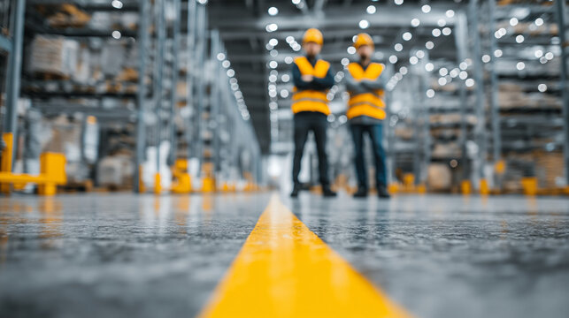 Modern logistics warehouse aisle with workers in safety gear and focus on floor line