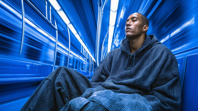 Man meditating in a motion blurred blue subway train car