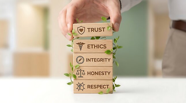 Hand stacking wooden blocks with symbols for trust, ethics, integrity, honesty, and respect, symbolizing core values and growth