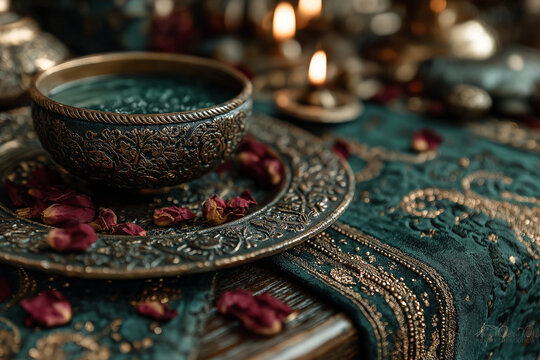 Ornate Bronze Bowl with Rose Petals on Embroidered Emerald Fabric