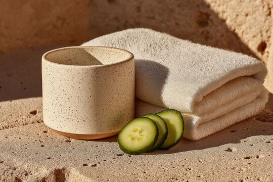 Spa inspired still life with ceramic cup folded white towel and fresh cucumber slices on textured stone surface
