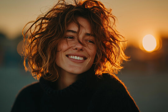 Radiant Woman with Freckles and Messy Curly Hair in Golden Hour Sunlight