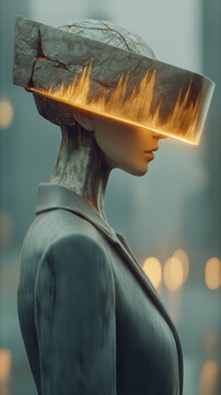 Futuristic Humanoid Figure with Stone Visor Displaying Glowing Sound Waves