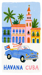 Naklejka premium Colorful illustration of a woman driving a classic car in Havana, Cuba.