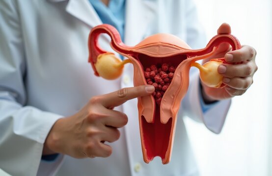 Doctor shows uterus model with fibroids. Female reproductive system health, women medical condition, gynecology examination, pregnancy issues, obstetrics care.