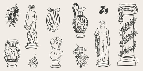 Naklejka premium Ancient Greek statue doodles featuring Mediterranean icons, hand-sketched mythology symbols, columns and greece elements. Ideal for summer vacation designs or cultural artwork projects