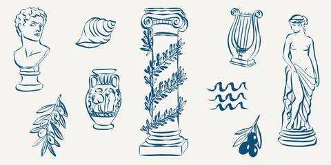 Naklejka premium Ancient Greek vector illustration featuring Mediterranean doodles of classical statues, columns and mythological icons in a hand drawn summer aesthetic perfect for creative projects