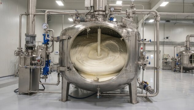 Medium shot of a large stirred vessel reactor mixing synthetic NBR latex rubber showcasing industrial equipment in a clean polymer production environment.