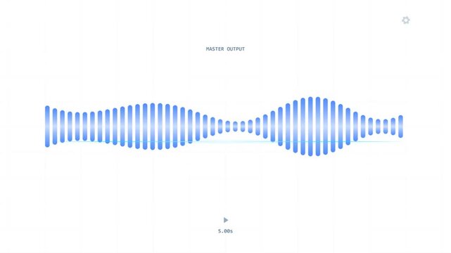 Abstract sound wave visualization with blue vertical bars on white background.