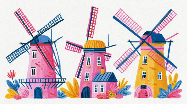 Colorful illustration of three whimsical windmills with flowers and houses.