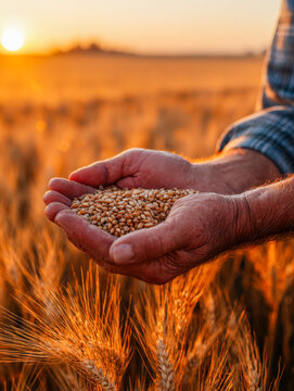 Farmer holding freshly harvested wheat grains in cupped hands over a golden wheat field bathed in warm sunset light for agriculture and harvest concept