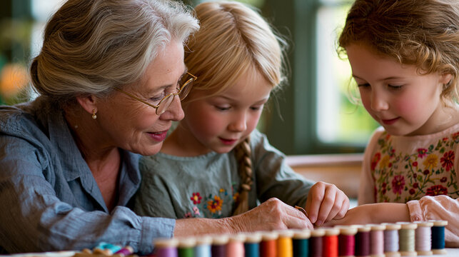 Smiling grandmother assisting two young girls with sewing project.