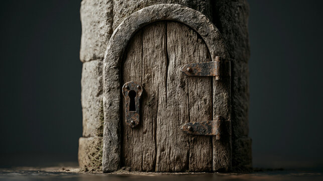 Weathered wooden door with stone frame, showcasing rustic charm and intricate details.