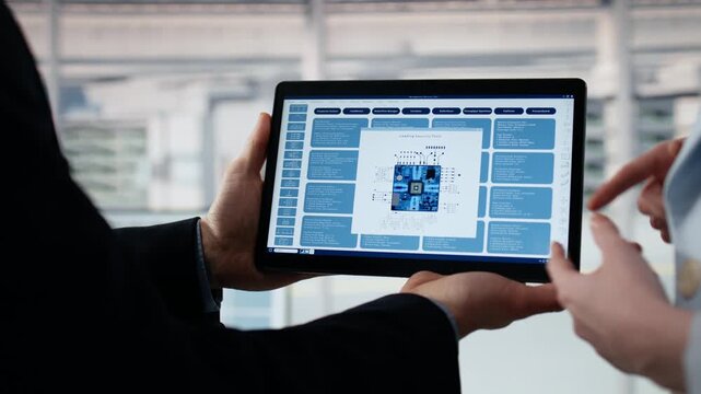 Close up of employee examining microchip circuit layout with tablet in factory office.