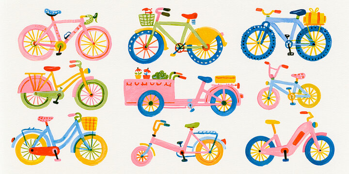 Colorful hand-drawn bicycles in various styles and sizes against a light background.