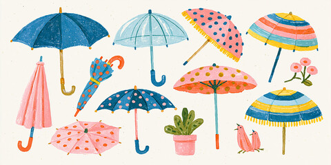 Obraz premium Colorful hand-drawn umbrellas and flowers in a whimsical arrangement.