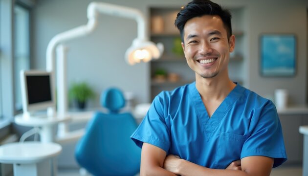 Smiling Asian dentist in blue scrubs arms crossed in modern dental clinic. Pro dental care service with patient chair and equipment visible.