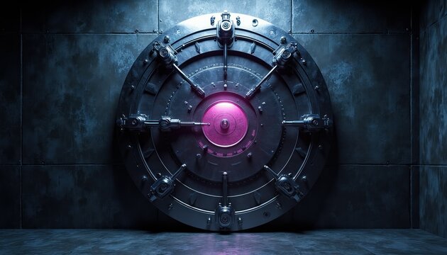 Futuristic bank vault door with glowing pink center and metallic arms. Secure safe entrance in dark industrial room. High tech security concept art.