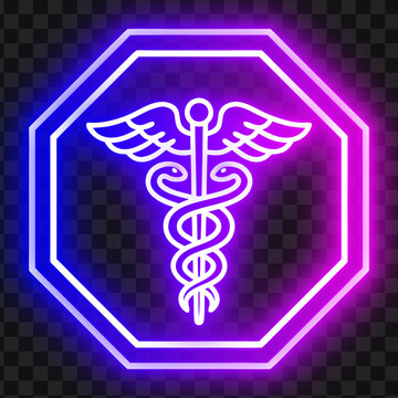 Neon Caduceus Medical Symbol Vector Illustration Inside Glowing Octagon Frame