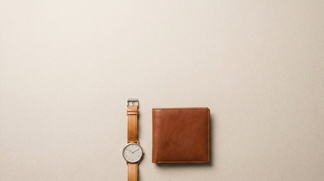 Minimalist flat lay of a tan leather wallet and a tan leather strap watch, arranged neatly on a neutral background