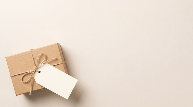 A simple brown gift box tied with twine and a blank tag sits on a plain surface, ready for a personal message